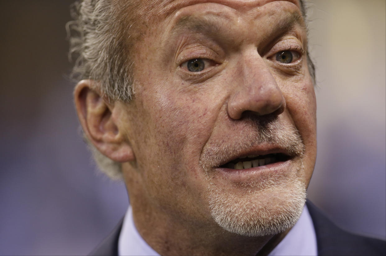 Indianapolis Colts team owner Jim Irsay said Tuesday at the NFL's fall meetings in New York that there's merit to remove Daniel Snyder as Washington Commanders owner. (AP Photo/AJ Mast)