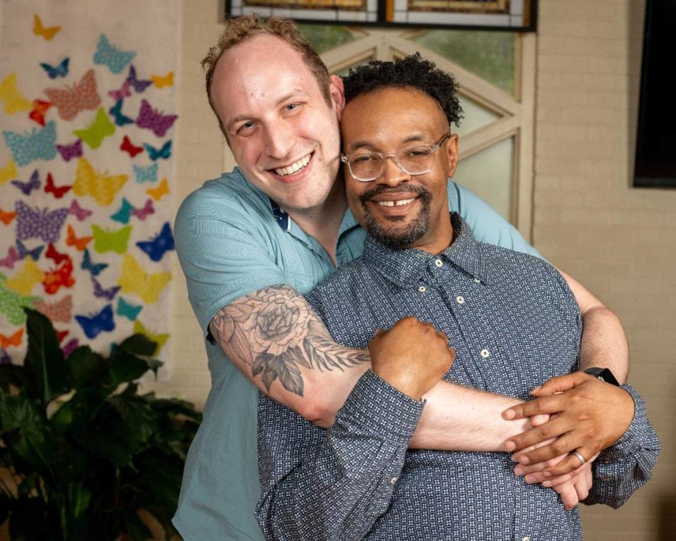 Gregory Bow, at left, plays Ty and Antwuan Fondren is Kyle in ActOut Theatre Group’s presentation of Del Shores’ ”A Very Sordid Wedding” July 12, 13 and 19-21, 2024 at the Pam Miller Downtown Arts Center in Lexington, Ky.