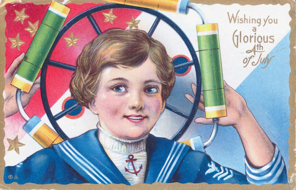 <p>Illustrated color postcard celebrating the American holiday, the Fourth of July, showing a patriotic sailor boy with a firecracker wheel. (Photo: Kean Collection/Archive Photos/Getty Images) </p>