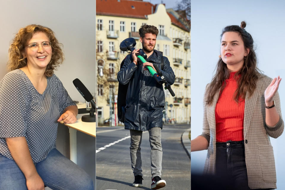 Unsere Redakteur*innen im Einsatz – Sarah Heuberger bei der Podcastaufnahme, Marco Weimer für eine Reportage und Lisa Ksienrzyk als Moderatorin auf einem unserer Events (v.l.n.r.)