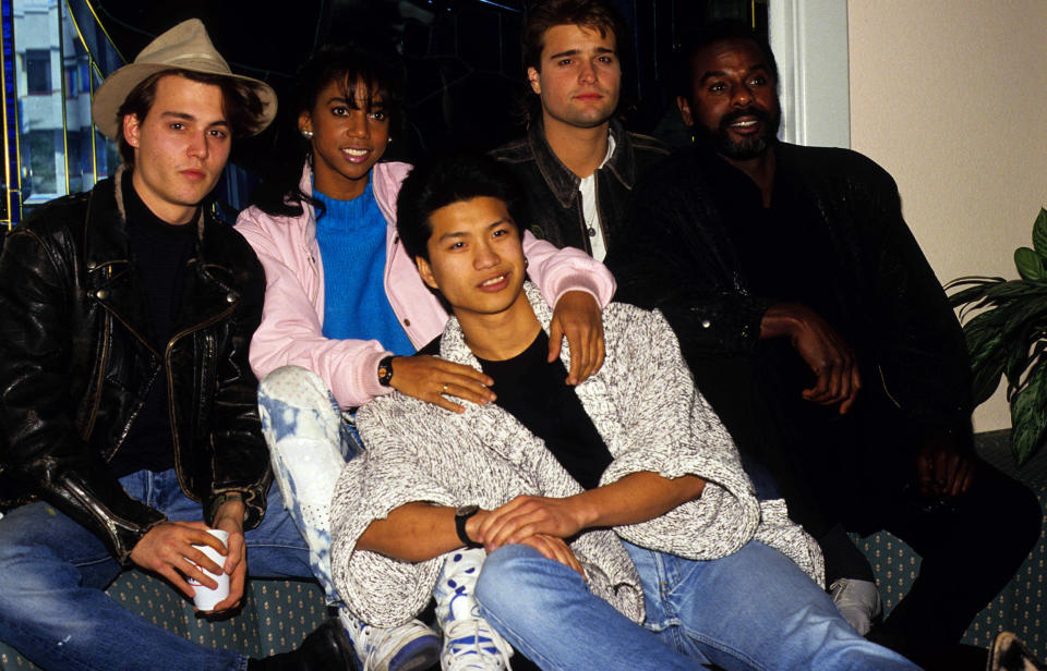 Johnny Depp, Holly Robinson, Dustin Nguyen, Peter DeLuise and Steven Williams appear at the Sherman Oaks Galleria Mall in Los Angeles on Dec. 18, 1987. (Tom Rodriguez / ZUMA Press, Inc. / Alamy)