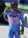 Italy's Matteo Marsaglia celebrates after finishing his run during a men's World Cup downhill ski race Saturday, Dec. 4, 2021, in Beaver Creek, Colo. (AP Photo/Gregory Bull)