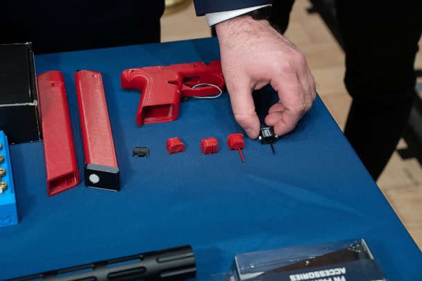 PHOTO: NYPD Detective John Uske shows ghost gun parts during a press conference at 1 Police Plaza. (New York Daily News/TNS via Getty Images)