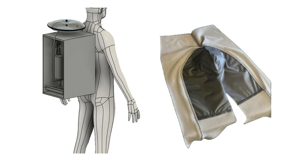 an image of a box-like device on the back of a human figure, and an image of a pair of shorts made of white fabric