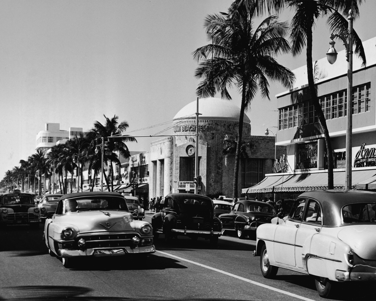 View of the traffic at the intersection of Lincoln Road & Washington Avenue, Miami Beach, Florida, February 9, 1954.