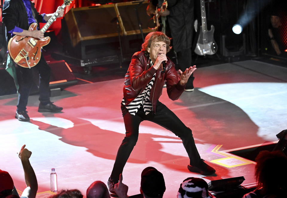 Mick Jagger of The Rolling Stones performs during a celebration for the release of their new album "Hackney Diamonds" on Thursday, Oct. 19, 2023, in New York. (Photo by Evan Agostini/Invision/AP)