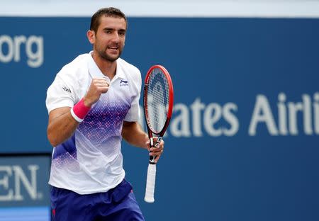 Sep 2, 2015; New York, NY, USA; Marin Cilic of Croatia celebrates after recording match point against Evgeny Donskoy of Russia on day three of the 2015 U.S. Open tennis tournament at USTA Billie Jean King National Tennis Center. Mandatory Credit: Geoff Burke-USA TODAY Sports