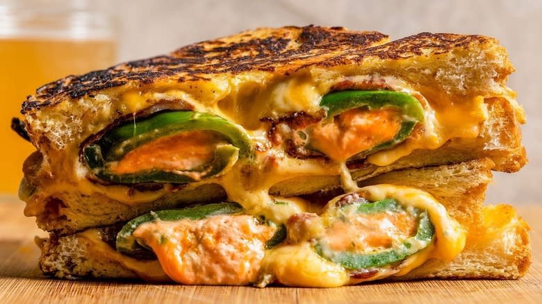 Stacked jalapeño popper grilled cheese sandwich