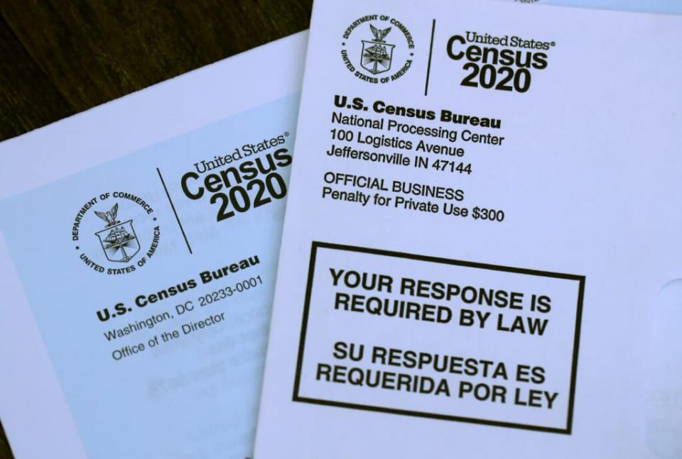 The U.S. Census logo appears on census materials received in the mail with an invitation to fill out census information online on March 19, 2020 in San Anselmo, California. (Photo Illustration by Justin Sullivan/Getty Images)