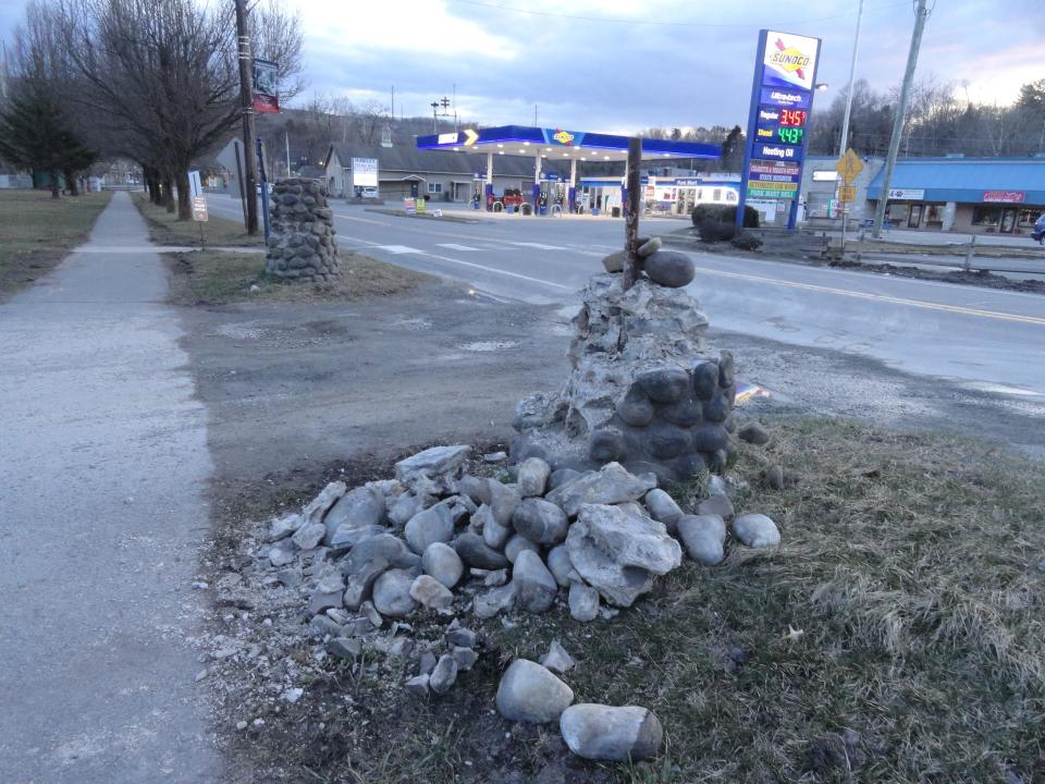 One of the two cobblestone pillars erected at the entrance to Bingham Park, Hawley in the 1930's, was badly damaged in 2021 in a motor vehicle crash. It was struck again March 28, 2023, the day of the Hawley Parks & Recreation meeting.