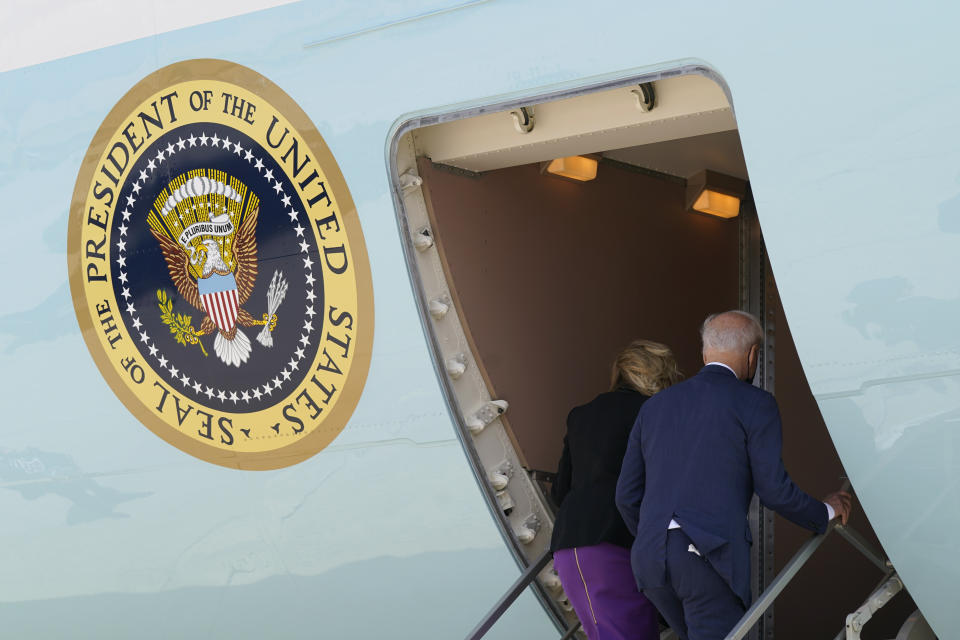 President Joe Biden and first lady Jill Biden board Air Force One at Andrews Air Force Base, Md., Friday, April 30, 2021. The Biden's are en route to Philadelphia to mark Amtrak's 50th anniversary. (AP Photo/Patrick Semansky)