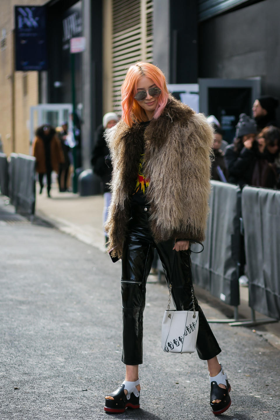 Model Irene Kim in a faux fur coat at New York Fashion Week.