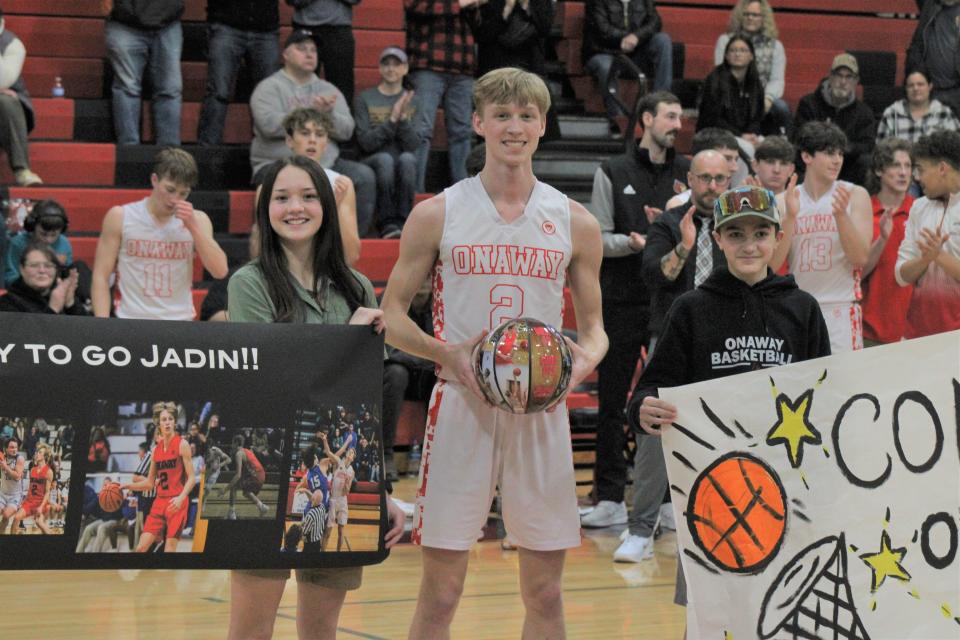 Onaway senior Jadin Mix (2) reached 1,000 career points and became the MHSAA's all-time leader in steals during a boys basketball victory over Gaylord St. Mary at home on Wednesday.