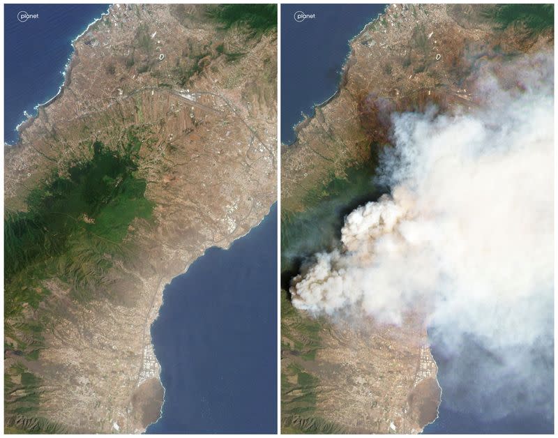 FILE PHOTO: Combination of satellite images shows the island of Tenerife before and during the wildfire