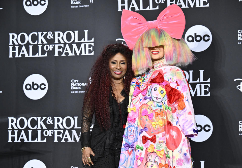 Sia, left, and Chaka Khan pose in the press room during the Rock & Roll Hall of Fame Induction Ceremony on Friday, Nov. 3, 2023, at Barclays Center in New York. (Photo by Evan Agostini/Invision/AP)