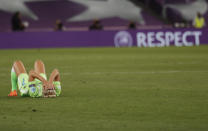 Wolfsburg's Pauline Bremer reacts at the and of the Women's Champions League final soccer match between Wolfsburg and Lyon at the Anoeta stadium in San Sebastian, Spain, Sunday, Aug. 30, 2020. (Villar Lopez/Pool via AP)