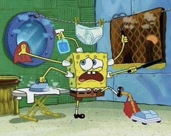 SpongeBob SquarePants does several cleaning jobs, including ironing, vacuuming, cleaning windows, and washing dishes.