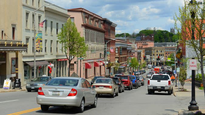 Historic Blocks at Main Street in downtown Bangor, Maine, USA.