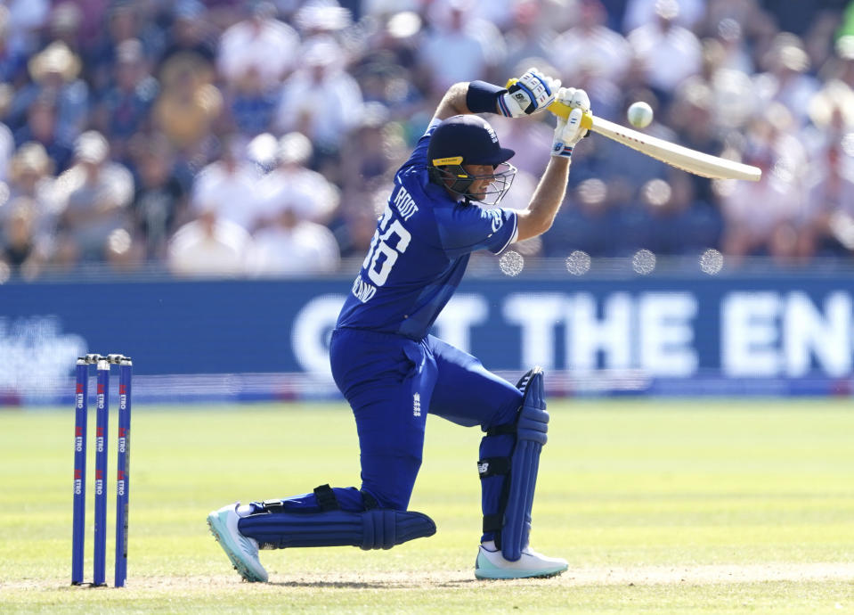 England's Joe Root batting during the first one day international match against New Zealand, at Sophia Gardens, Cardiff, Wales, Friday Sept. 8, 2023. (Joe Giddens/PA via AP)