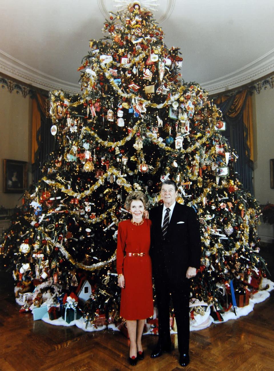 <p>President and Nancy Reagan pose for a Christmas portrait in front of an 18.5 foot Fraser fir from West Virginia. The White House tree, provided by Eric and Gloria Sundback's farm in 1987, is selected every year from a national competition. </p>