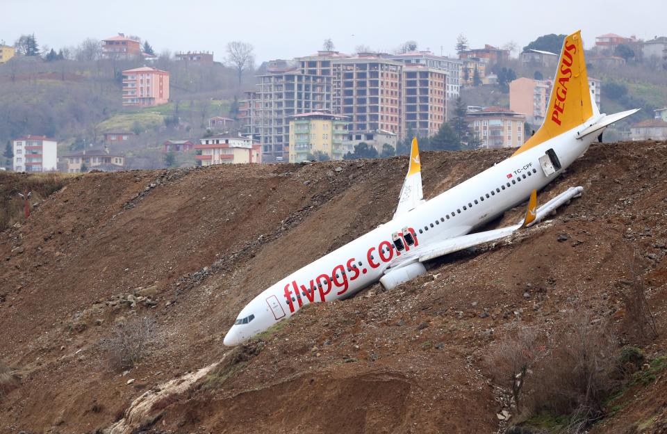 <p>A Pegasus airplane is seen stuck in mud as it skidded off the runway after landing in Trabzon Airport, Turkey early Sunday on Jan. 14, 2018. (Photo: Hakan Burak Altunoz/Anadolu Agency/Getty Images) </p>