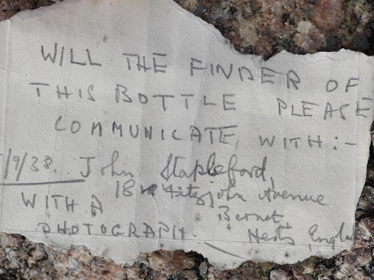 A message in a bottle dating back to September 1938 was found washed up on a beach on the Channel Island of Jersey by Nigel Hill on 18 February 2020: Jersey Evening Post/SWNS