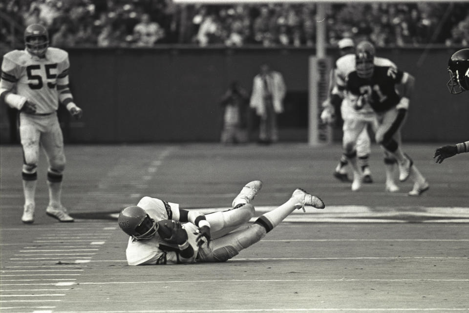 Ken Riley makes a diving interception against the Steelers. (Photo by George Gojkovich/Getty Images)