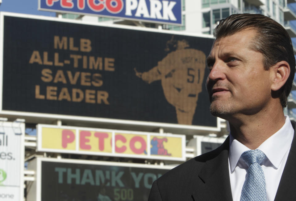 FILE - In this Jan. 12, 2011, file photo, former baseball pitcher Trevor Hoffman speaks to journalists after announcing his retirement at Petco Park in San Diego. Tim Raines and Jeff Bagwell are likely to be voted into baseball's Hall of Fame on Wednesday, Jan. 18, 2017, when Trevor Hoffman and Ivan Rodriguez also could gain the honor. (AP Photo/Gregory Bull, FIle)