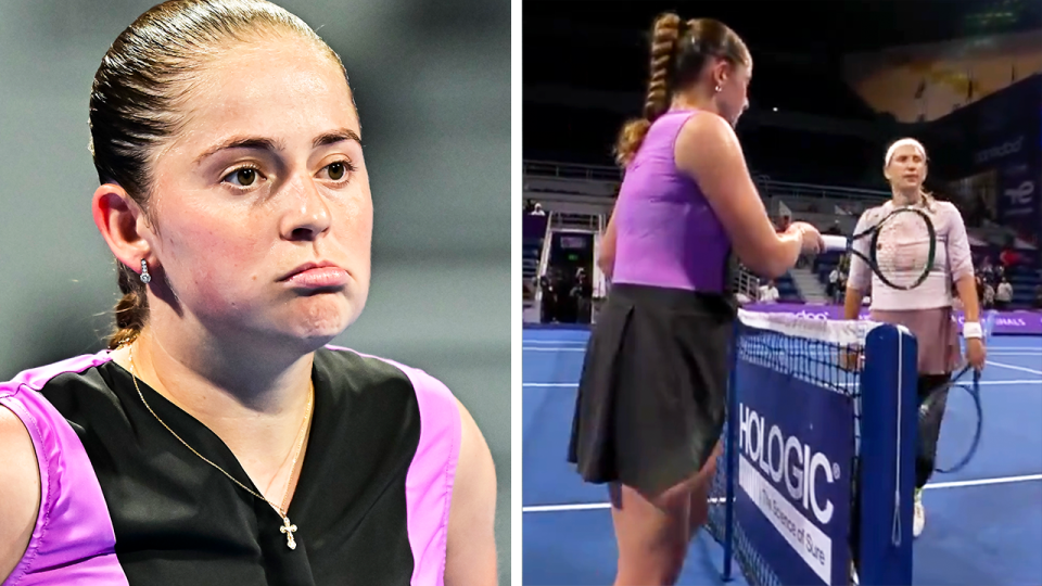 Jelena Ostapenko (pictured) has once again caused uproar after refusing to shake hands with Victoria Azarenka after her loss in Doha. (Images: Getty Images/@WTA)