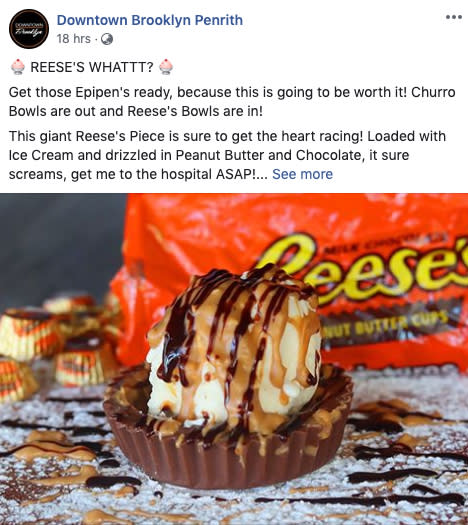 Downtown Brookly's Facebook post with an image of the new dessert with the caption "Get those Epipen's ready,".