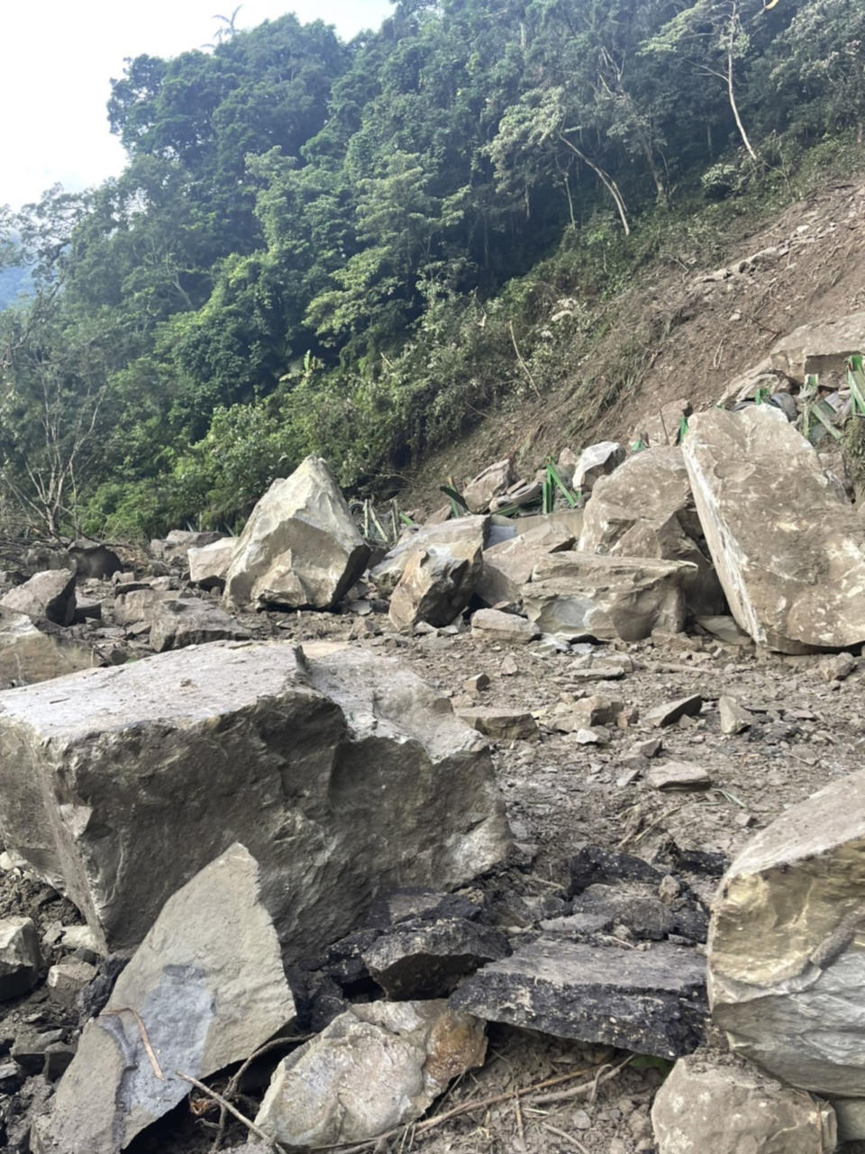 苗栗縣南庄鄉苗21線道路發生山壁坍塌意外，大量土石占據路面無法通行，交通全面中斷。（民眾提供）