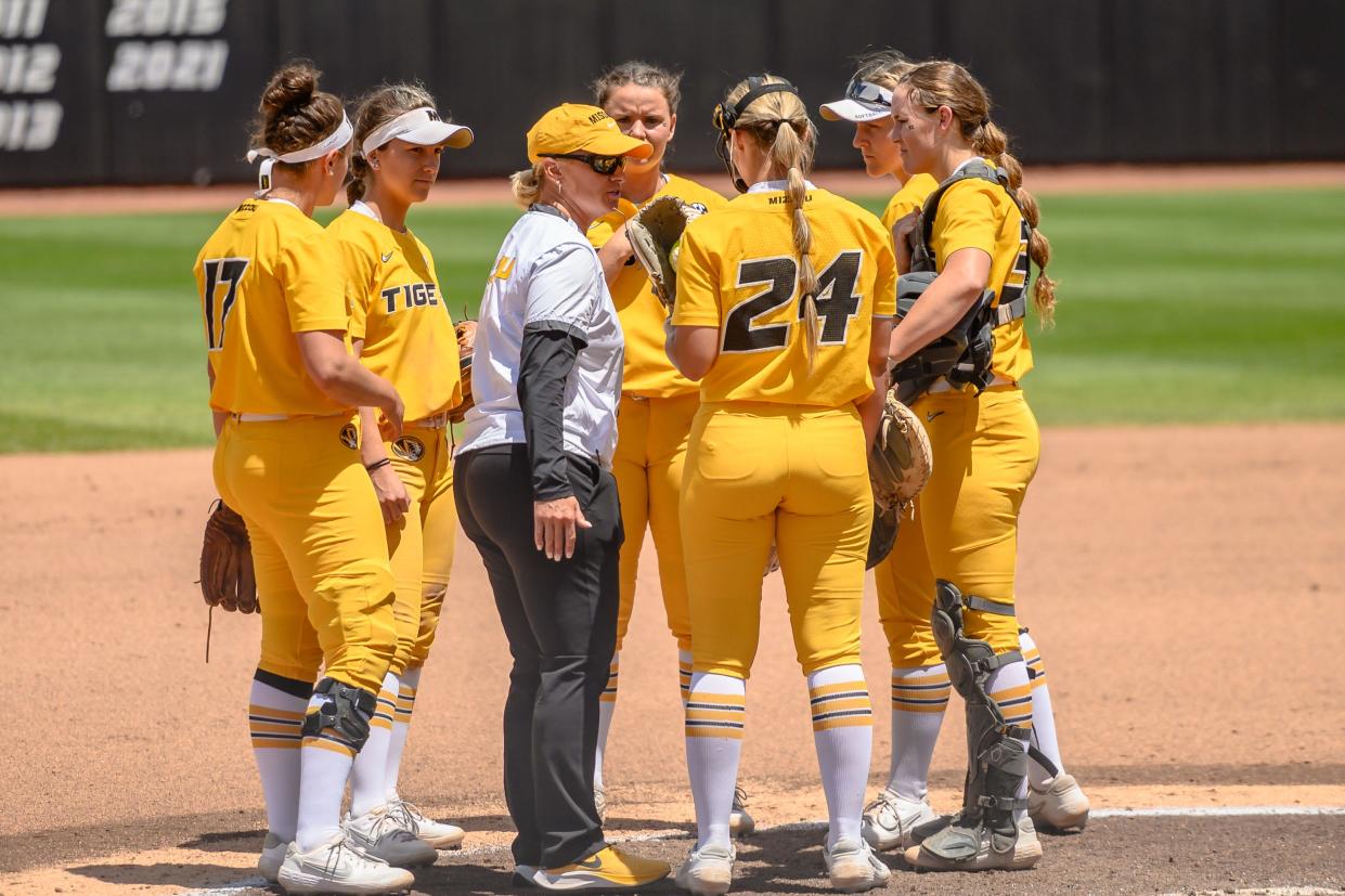 Missouri head coach Larissa Anderson speaks to her infield during the Tigers' Super Regional elimination game against James Madison in May at Mizzou Softball Stadium.