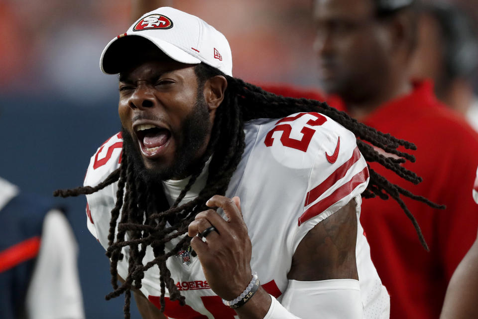 San Francisco 49ers cornerback Richard Sherman (25) celebates a touchdown from the sidelines during the second half of an NFL preseason football game against the Denver Broncos, Monday, Aug. 19, 2019, in Denver. (AP Photo/David Zalubowski)