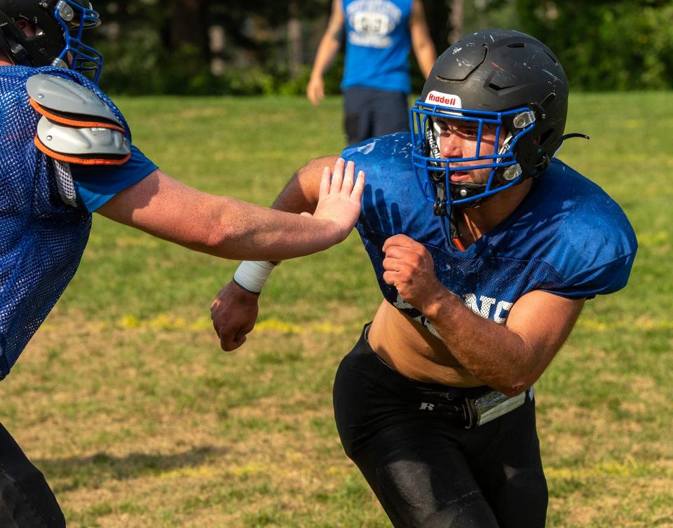 West Boylston running back Jamie McNamara runs a plays during a recent practice for the Lions.