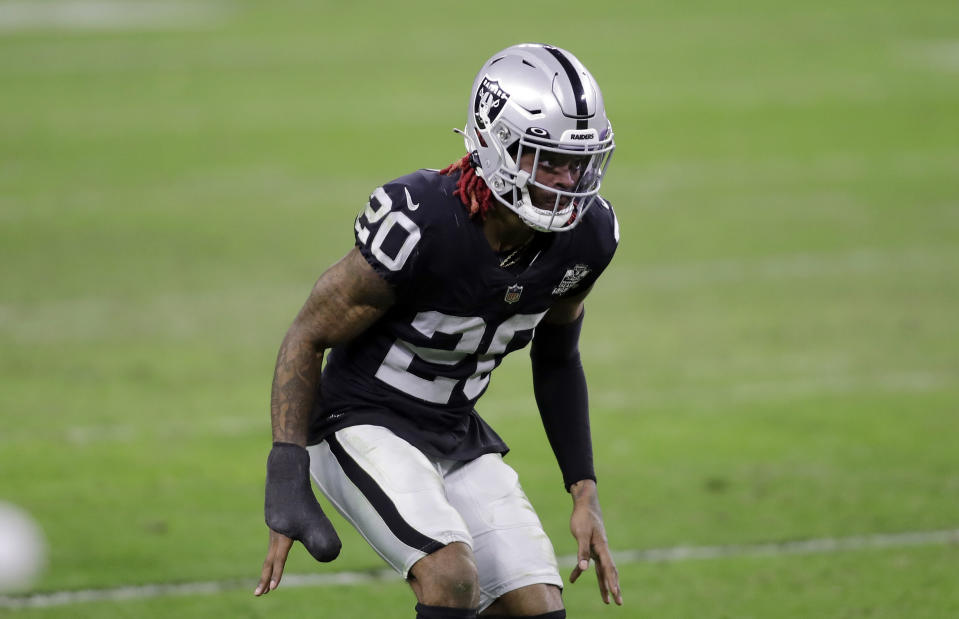 FILE - Las Vegas Raiders Damon Arnette plays against the Kansas City Chiefs during an NFL football game, Sunday, Nov. 22, 2020, in Las Vegas. A Nevada judge on Wednesday, Aug. 2, 2023, ordered former NFL cornerback Damon Arnette to appear in person to resolve a felony gun case by pleading guilty to two misdemeanors stemming from an argument with Las Vegas Strip casino valets in January 2022. (AP Photo/Isaac Brekken, File)