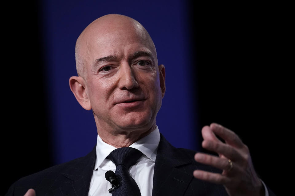 NATIONAL HARBOR, MD - SEPTEMBER 19:  Amazon CEO Jeff Bezos, founder of space venture Blue Origin and owner of The Washington Post, participates in an event hosted by the Air Force Association September 19, 2018 in National Harbor, Maryland. Bezos talked about innovating in large organizations as well as staying on the cutting edge in the space industry.  (Photo by Alex Wong/Getty Images)