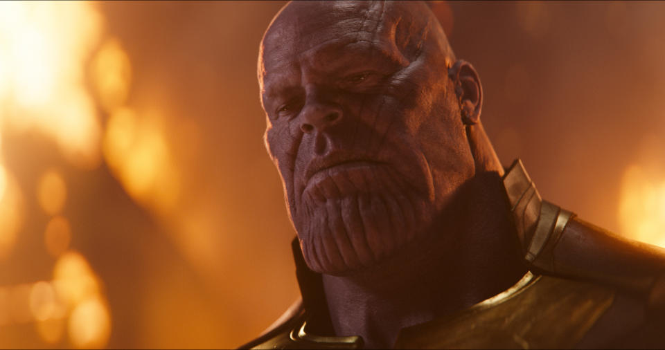 This image released by Disney shows Josh Brolin as Thanos in a scene from Marvel Studios’ “Avengers: Infinity War.” (Marvel Studios via AP)