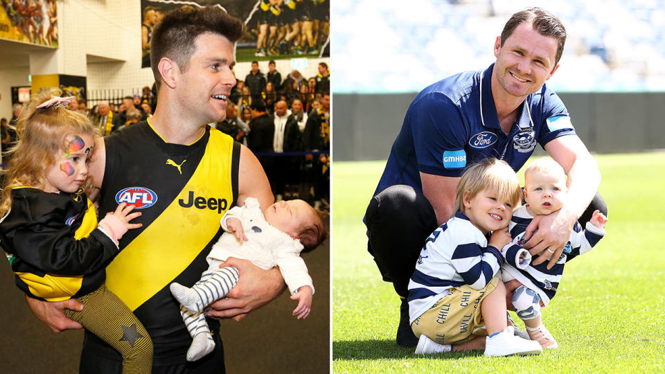 Pictured here, Trent Cotchin and Patrick Dangerfield with their children.