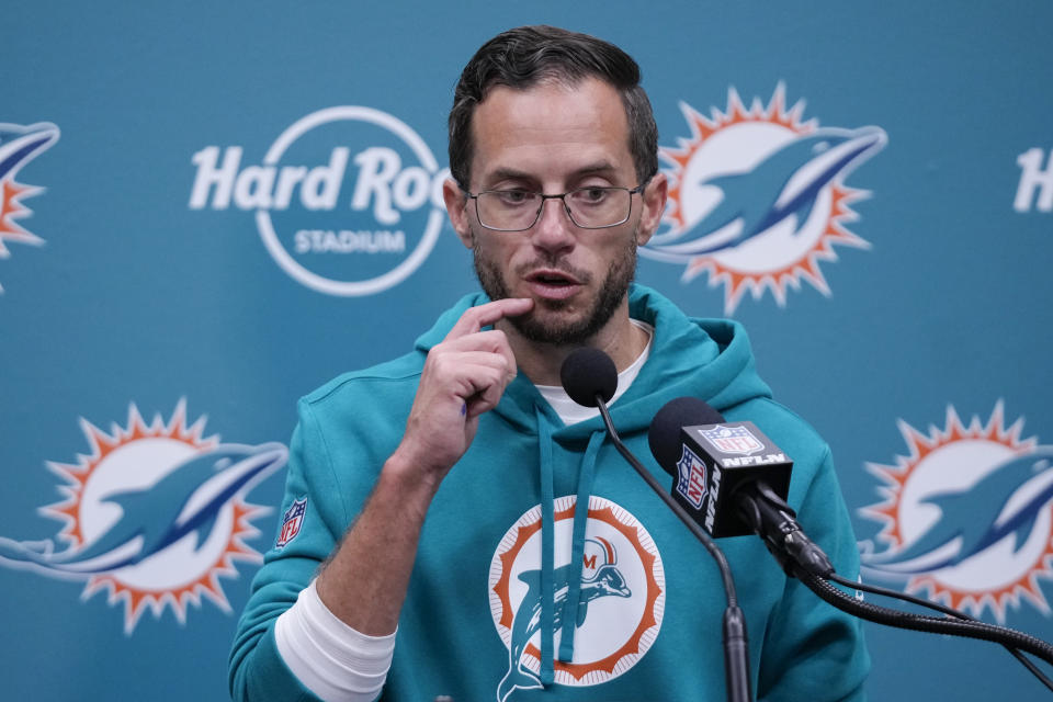 Miami Dolphins head coach Mike McDaniel speaks during a news conference following an NFL football game against the New England Patriots, Sunday, Oct. 29, 2023, in Miami Gardens, Fla. (AP Photo/Wilfredo Lee)