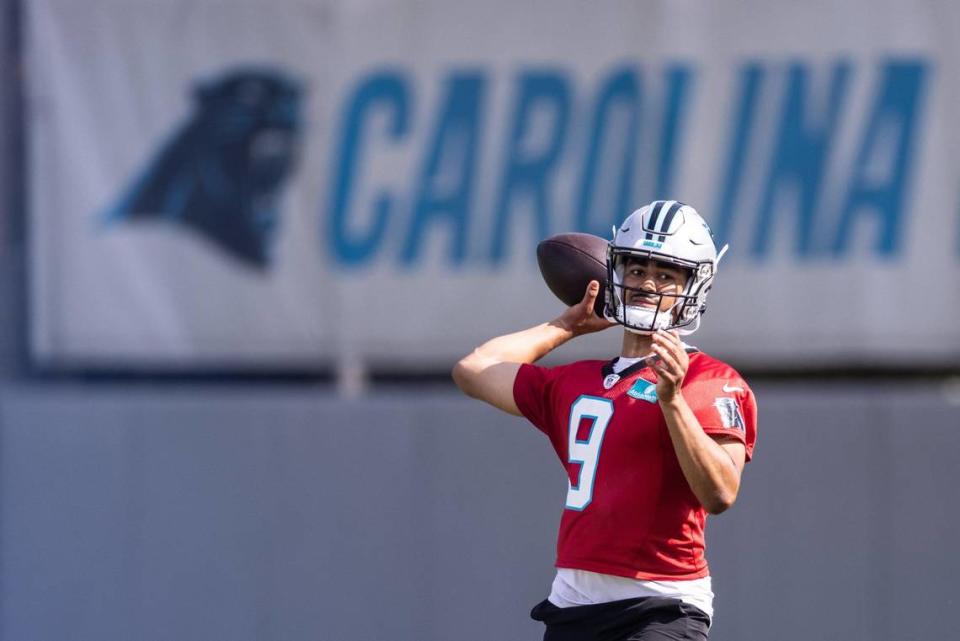 Panthers Bryce Young practices during Carolina Panthers practice in Charlotte, N.C., on Monday, June 1, 2023.