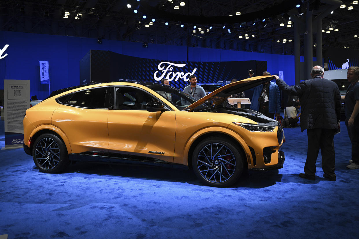 Photo by: NDZ/STAR MAX/IPx 2022 4/13/22 A Ford Mustang Mach-E during the 2022 New York International Auto Show (NYIAS) at the Javits Center on April 13, 2022 in New York.