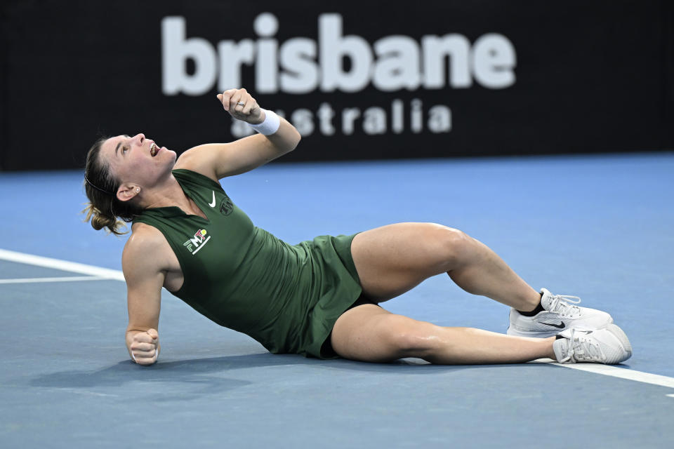 Marcela Zacarias of Mexico looks up after injuring herself in her singles match against Taylah Preston of Australia during their Billie Jean King Cup tennis match in Brisbane, Saturday, April 13, 2024. (Darren England/AAP Image via AP)