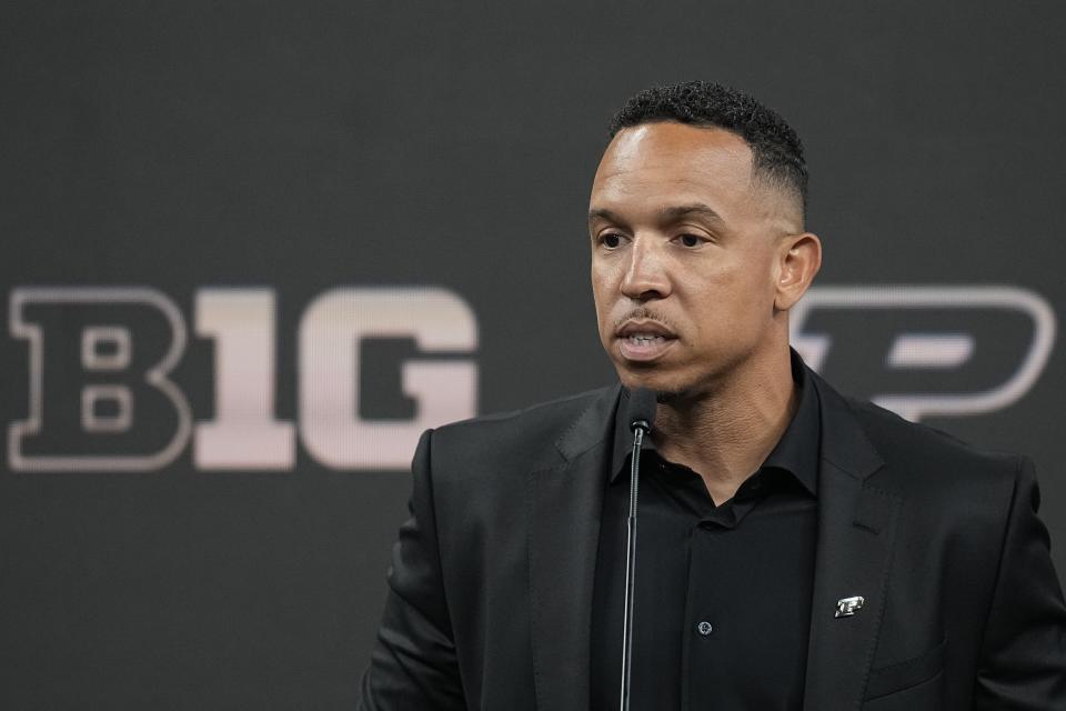 Purdue head coach Ryan Walters speaks during an NCAA college football news conference at the Big Ten Conference media days at Lucas Oil Stadium, Thursday, July 27, 2023, in Indianapolis. (AP Photo/Darron Cummings)