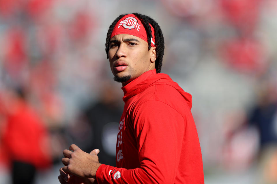 Ohio State quarterback CJ Stroud, a two-time Heisman Trophy finalist, is projected to be a high pick in the NFL Draft.  Thanks to NIL, payday is no longer zero money.  (Photo by Frank Jansky/Icon Sportswire via Getty Images)