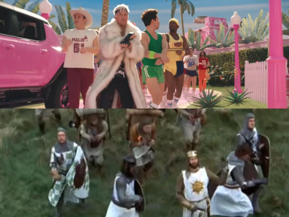 Top: Kens riding fake horse in "Barbie." Bottom: Knights riding fake horses in "Monty Python and the Holy Grail."