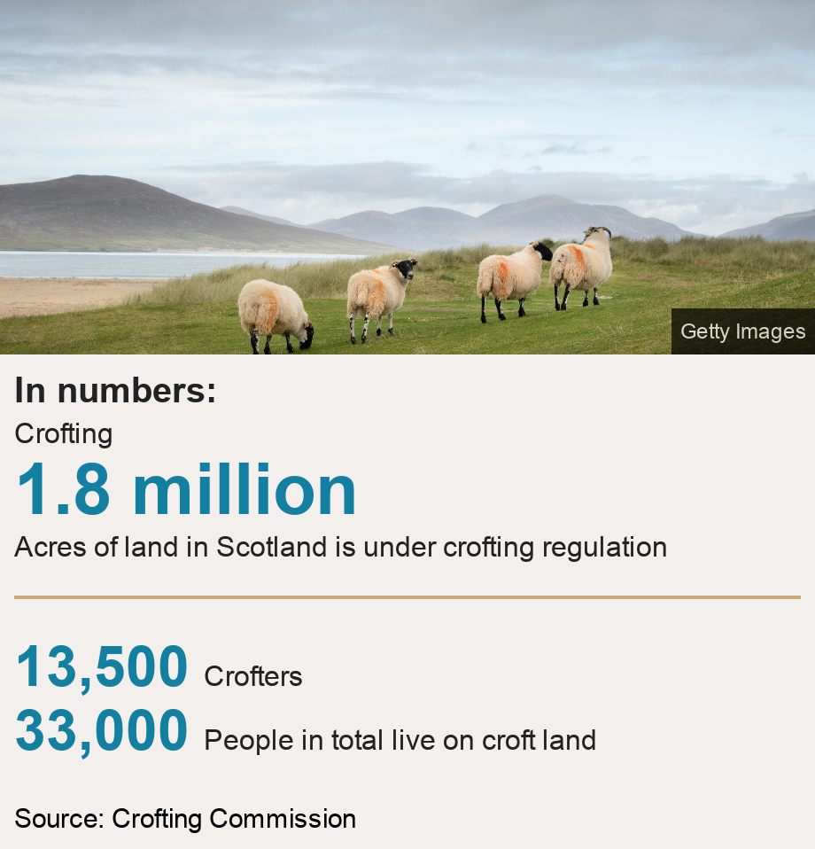 In numbers:. Crofting [ 1.8 million Acres of land in Scotland is under crofting regulation ] [ 13,500 Crofters ],[ 33,000 People in total live on croft land ], Source: Source: Crofting Commission, Image: Sheep grazing on machair