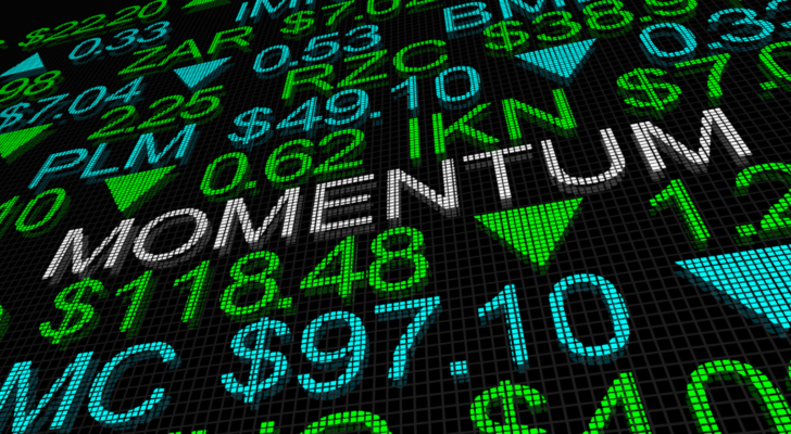 A concept image of a board with stock prices with the word "momentum" in the middle. momentum stocks to buy soon