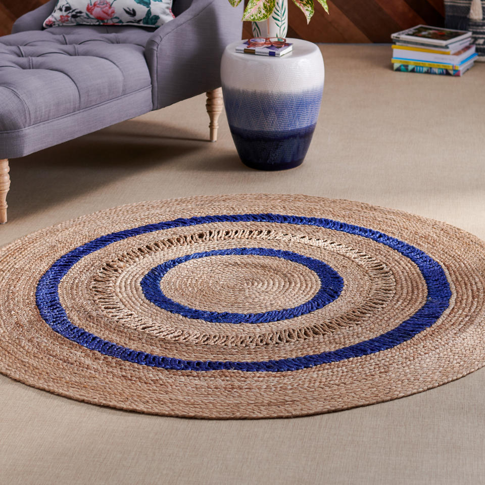 Round Blue Stripe Jute Area Rug by Drew Barrymore Flower Home. (Photo: Walmart)