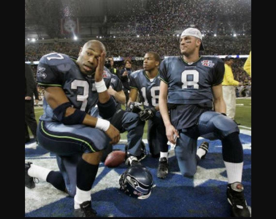 Shaun Alexander and Matt Hasselbeck at Super Bowl 40 in Detroit that their Seahawks lost to the Pittsburgh Steelers in February, 2006.