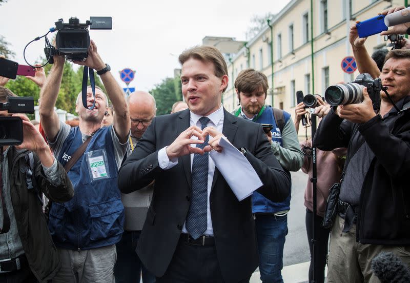 FILE PHOTO: Belarus opposition politician Maxim Znak speaks to reporters in Minsk